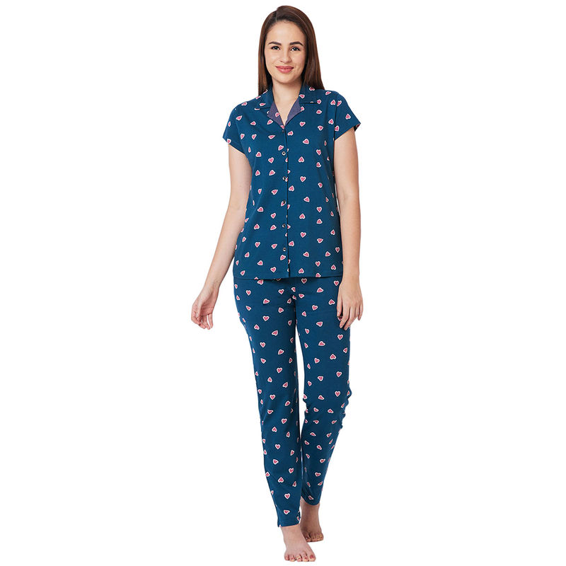 Juliet Teal Cotton Shirt with Pyjama Night Suit-JON816 (Set of 2) (M)