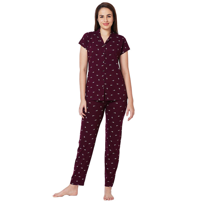 Juliet Maroon Cotton Shirt with Pyjama Night Suit-JON817 (Set of 2) (2XL)