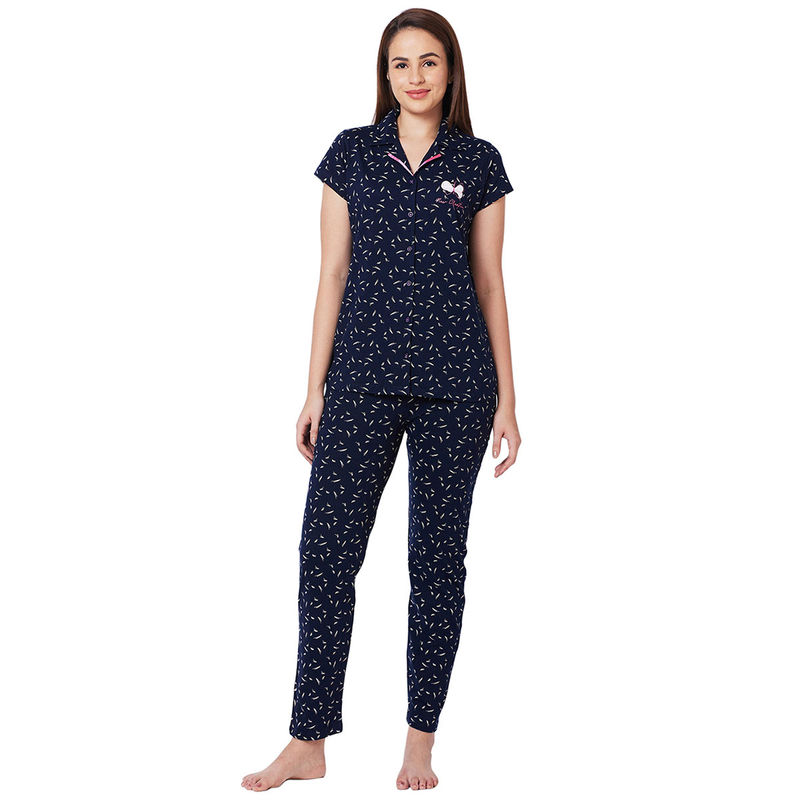 Juliet Navy Blue Cotton Shirt with Pyjama Night Suit-JON819 (Set of 2) (XL)