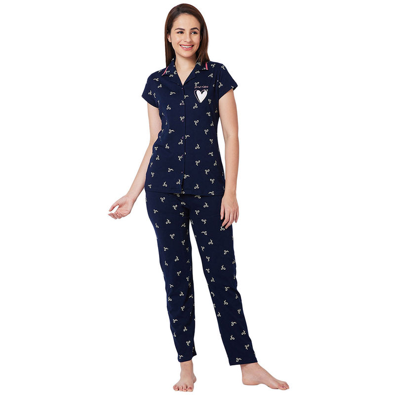 Juliet Navy Blue Cotton Shirt with Pyjama Night Suit-JON822 (Set of 2) (L)