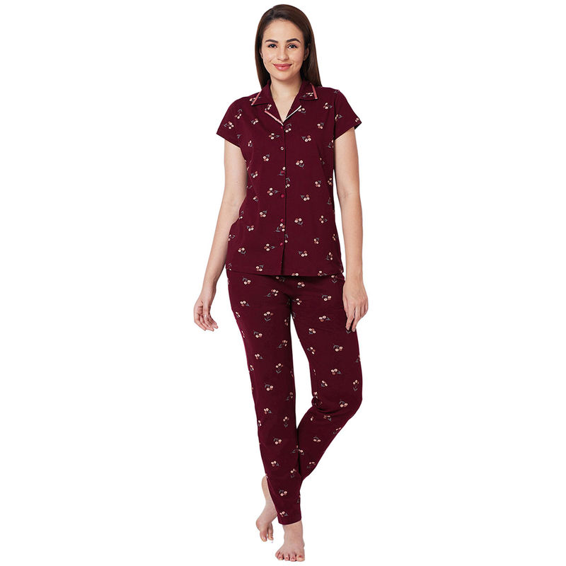 Juliet Maroon Cotton Shirt with Pyjama Night Suit-JON823 (Set of 2) (2XL)