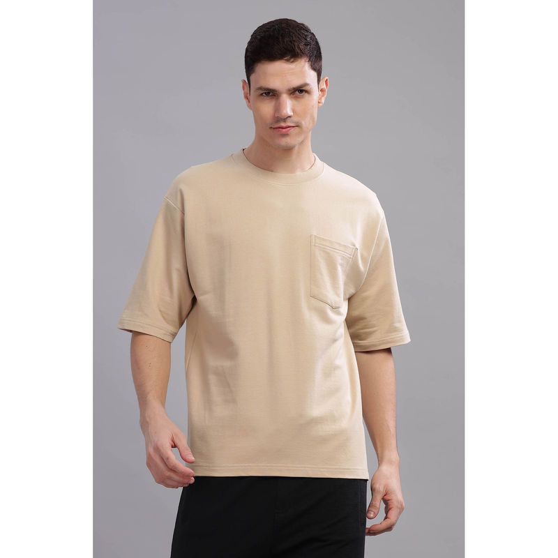 SILISOUL Men Beige Solid Casual T-Shirt (S)