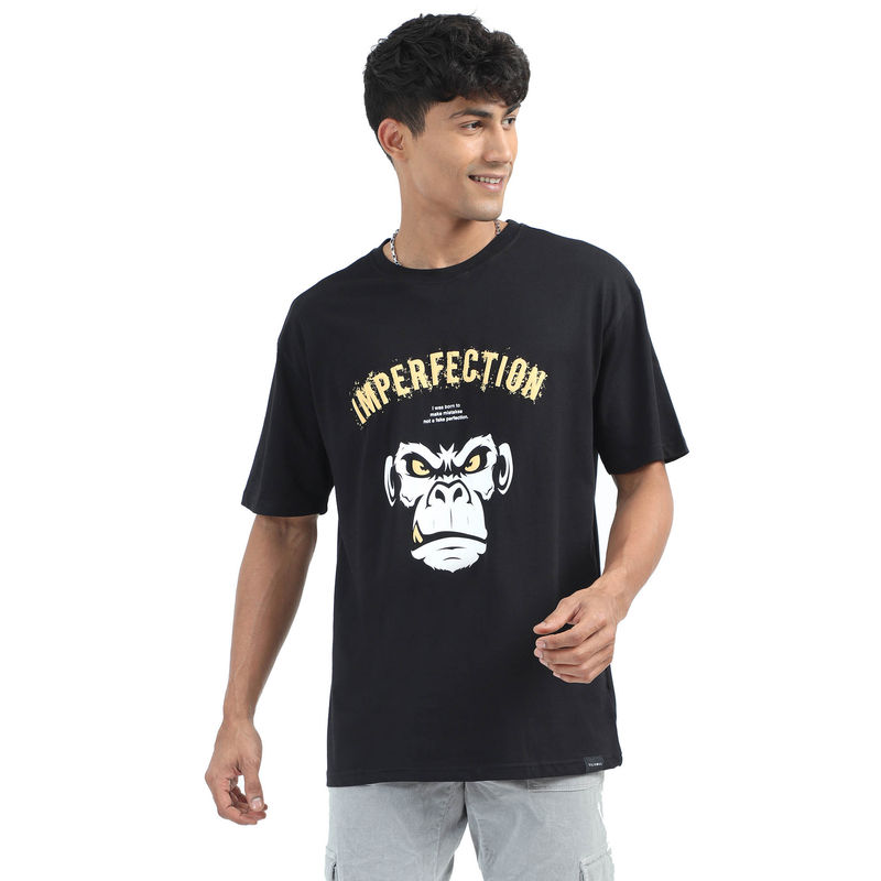 SILISOUL Men Black Graphic Casual T-Shirt (L)