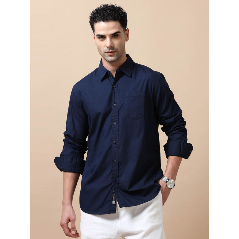 SILISOUL Men Navy Blue Solid Casual Shirt (S)
