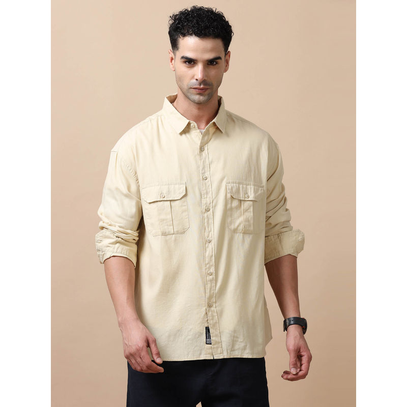 SILISOUL Men Beige Solid Casual Shirt (S)