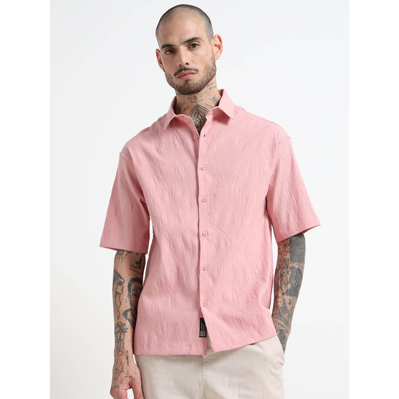 SILISOUL Men Pink Textured Casual Shirt (M)