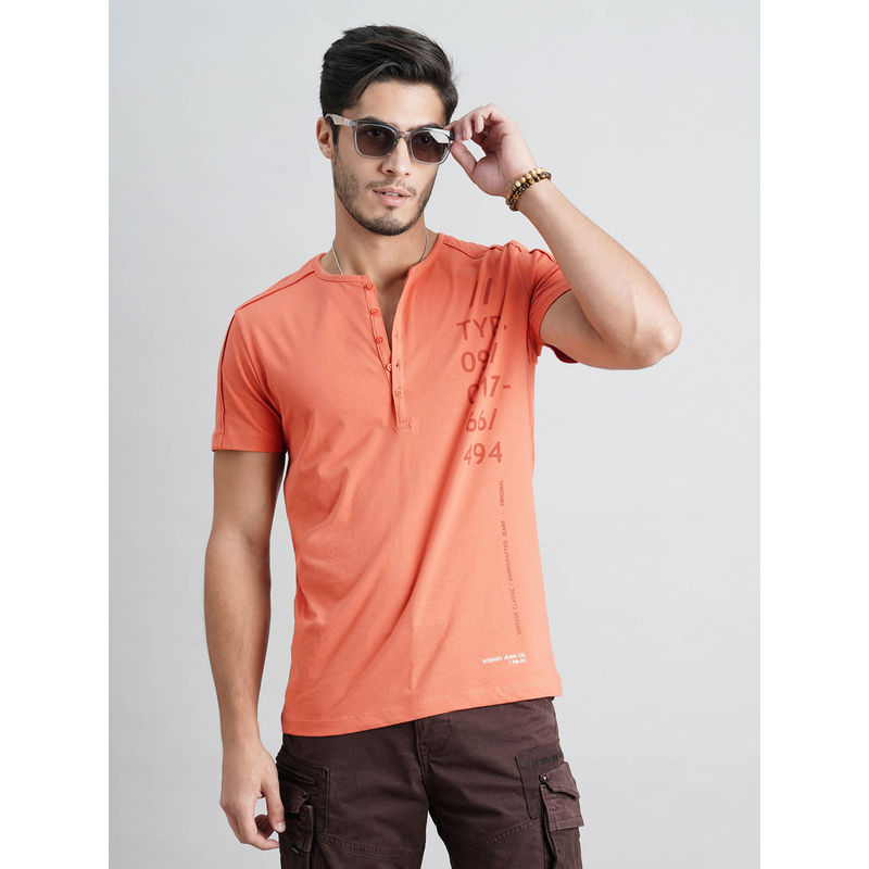 ROOKIES Men Coral Solid Casual T-Shirt (L)