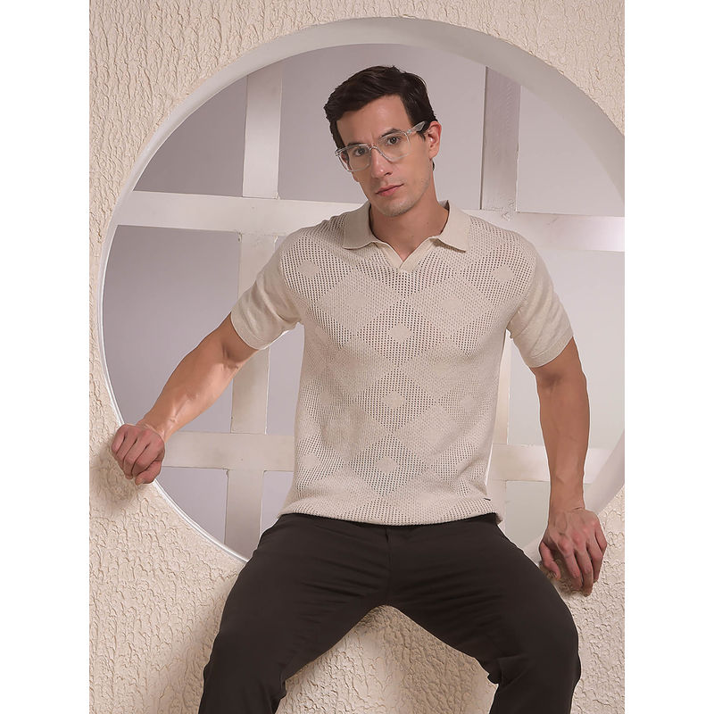 CRIMSOUNE CLUB Men Beige Self Design Casual Polo T-Shirt (S)