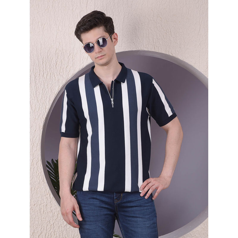 CRIMSOUNE CLUB Men Navy Blue Stripes Casual Polo T-Shirt (S)