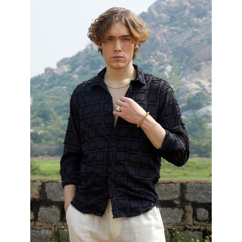 Campus Sutra Men Onyx Black Cubic-Tassel Shirt (S)