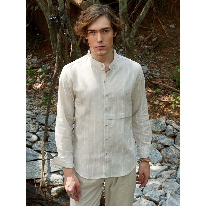 Campus Sutra Men Saltbox Beige Pencil-Striped Shirt (M)