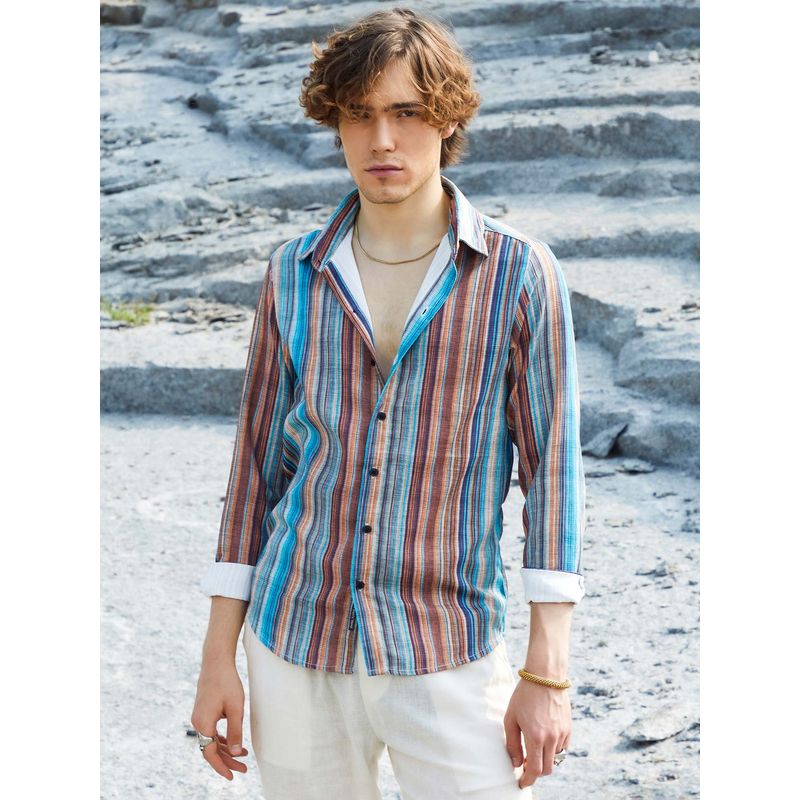 Campus Sutra Men Azure Blue and Chocolate Brown Multitrack-Striped Shirt (XL)