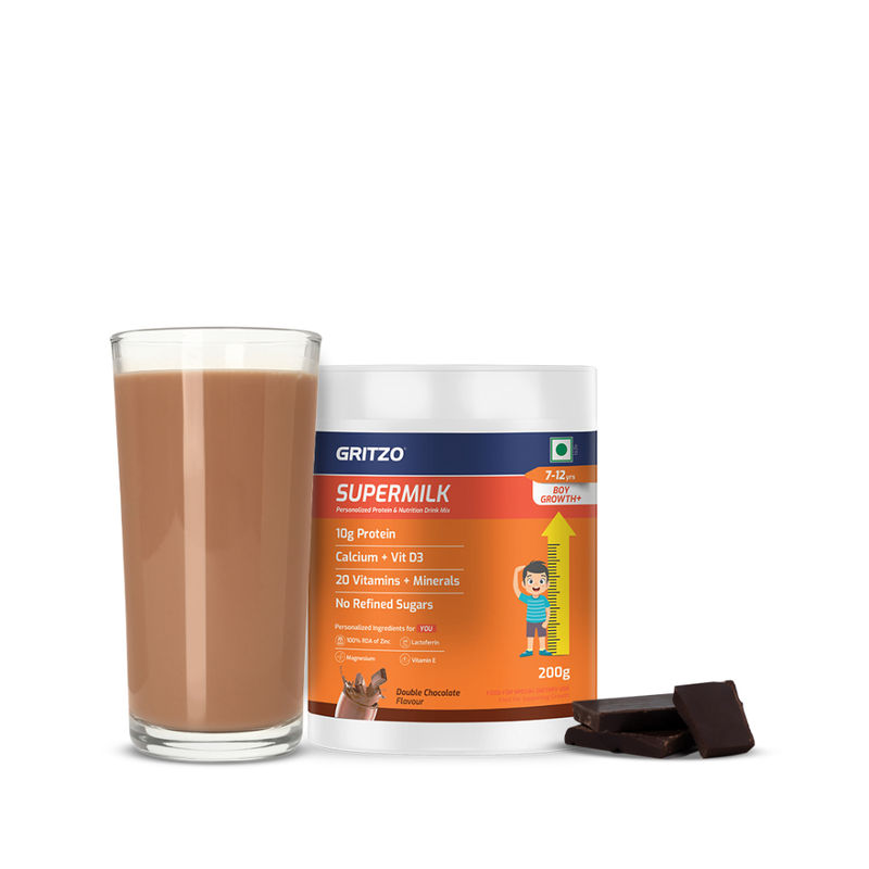 Gritzo Supermilk Growth+ 10G Protein Powder For 7-12Y Boys - Double Chocolate