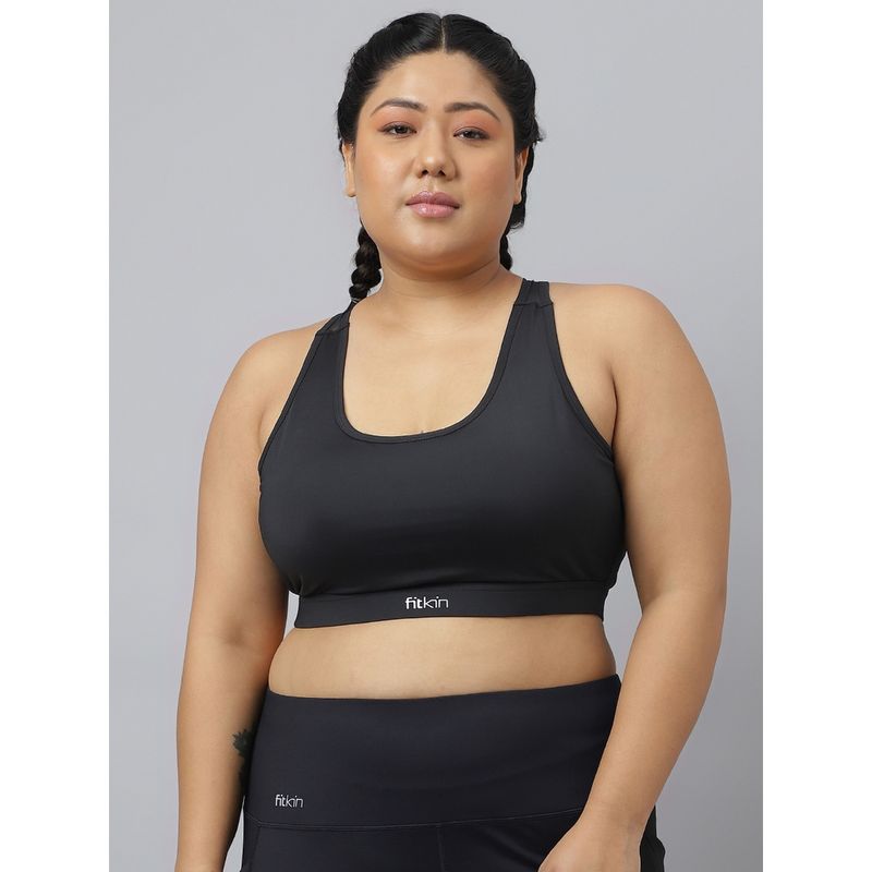 Fitkin Fikin Plus Size Multi Strap Medium Support Black Sports Bra (5XL)