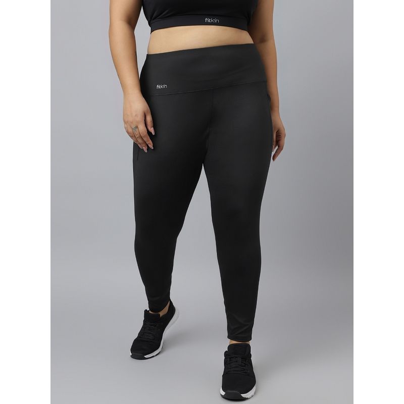 Fitkin Plus Size Black Super Soft High Waist Ultimate Core Tights (2XL)