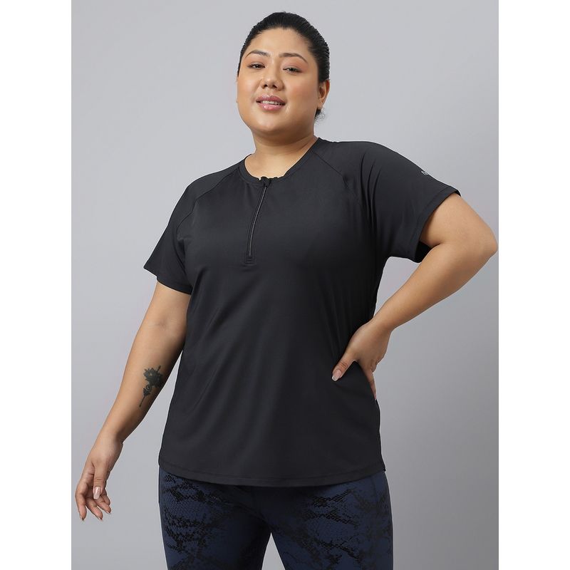 Fitkin Plus Size Black Front Zipper Short Sleeve Training T-Shirt (XL)