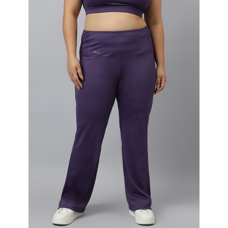 Fitkin Plus Size Active Track Gym Bootcut Flare Purple Pants (XL)