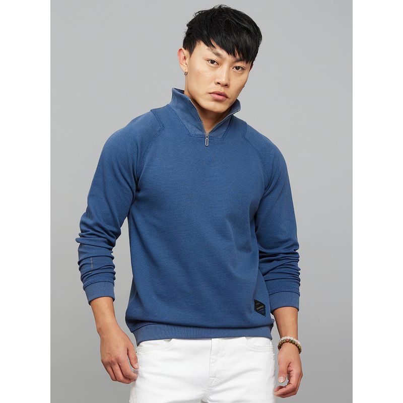 ROOKIES Blue Cotton Blend High Neck Full Sleeves Sweatshirt (S)