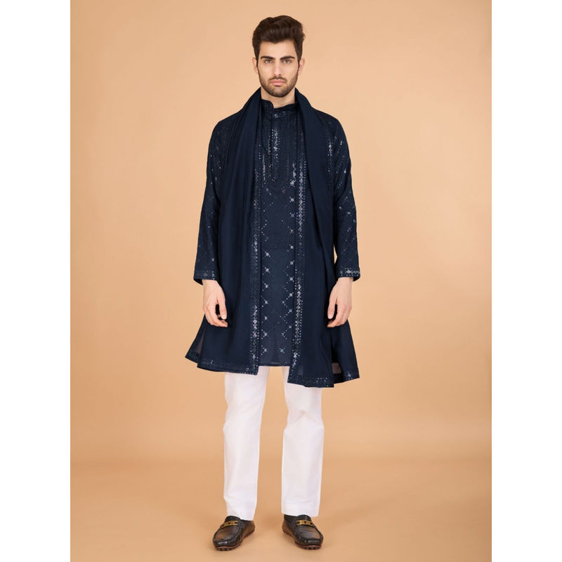Odette Men Navy Blue Viscose Silk Sequins Stitched Kurta with Dupatta (Set of 2) (2XL)