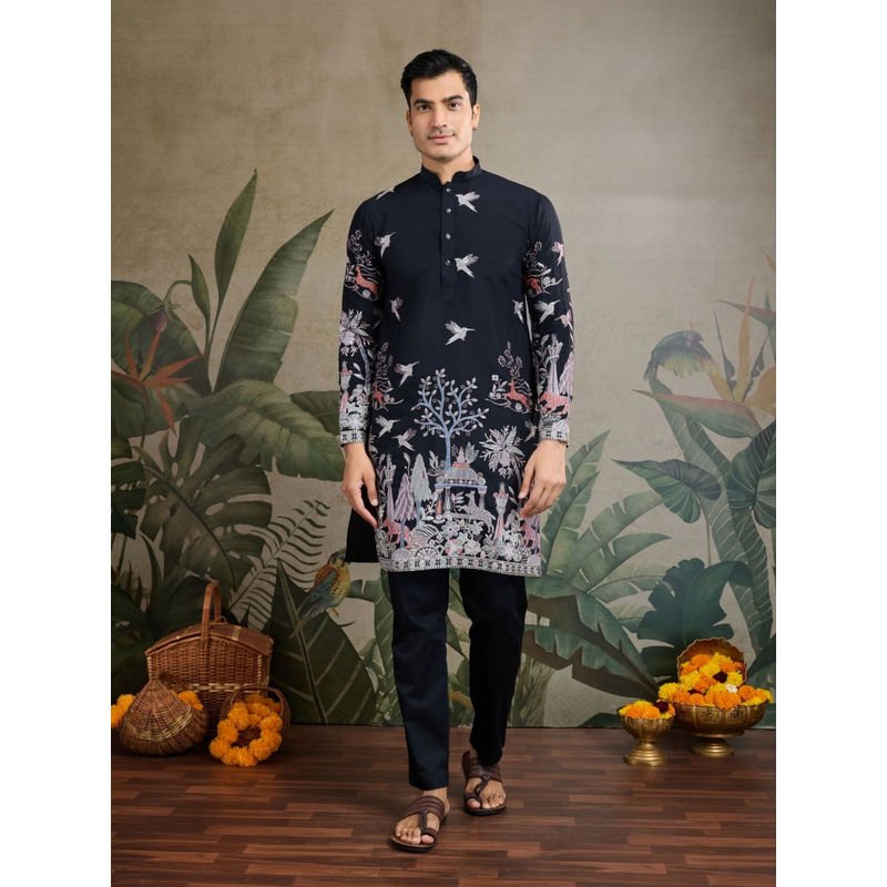 Odette Men Black Viscose Silk Embroidered Stitched Kurta (XL)