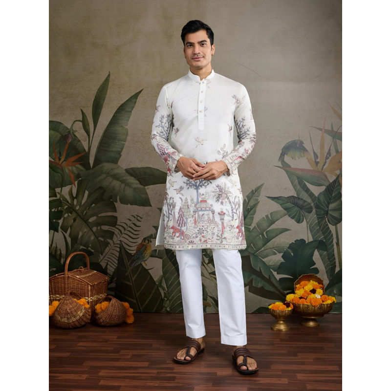 Odette Men White Viscose Silk Embroidered Stitched Kurta (2XL)