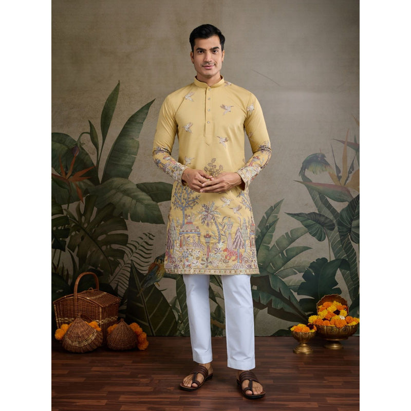 Odette Men Yellow Viscose Silk Embroidered Stitched Kurta (L)