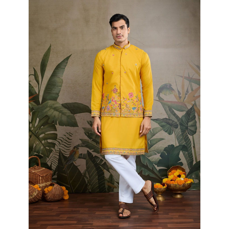 Odette Men Yellow Cotton Blend Embroidered Stitched Kurta with Jacket (Set of 2) (L)