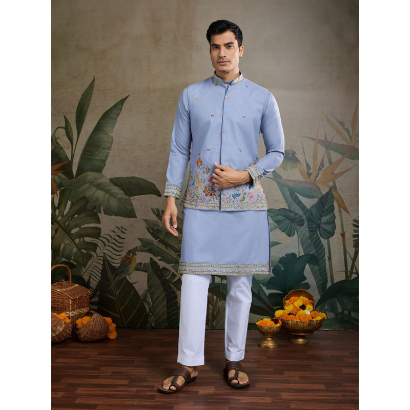 Odette Men Sky Blue Cotton Blend Embroidered Stitched Kurta with Jacket (Set of 2) (M)