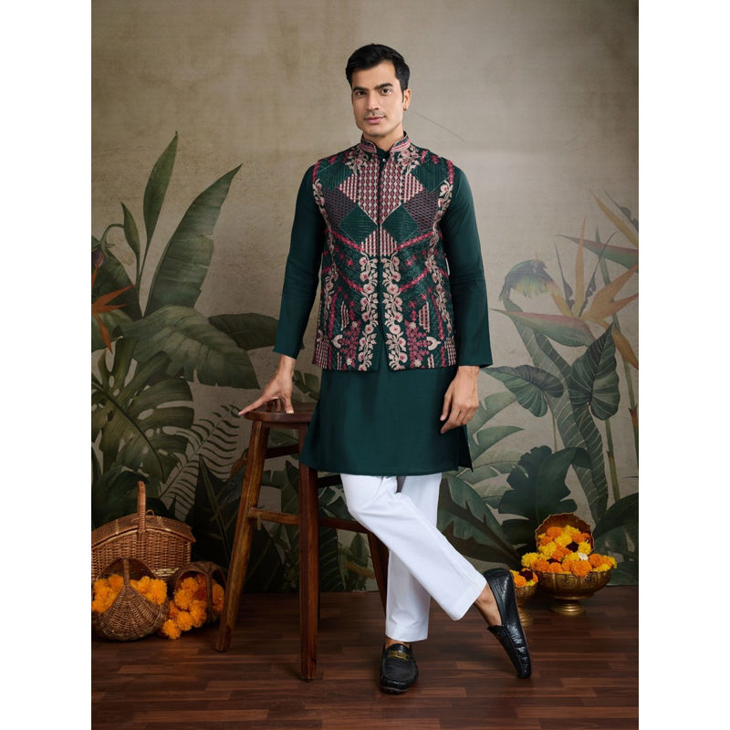 Odette Men Dark Green Viscose Silk Embroidered Stitched Kurta with Jacket (Set of 2) (XL)