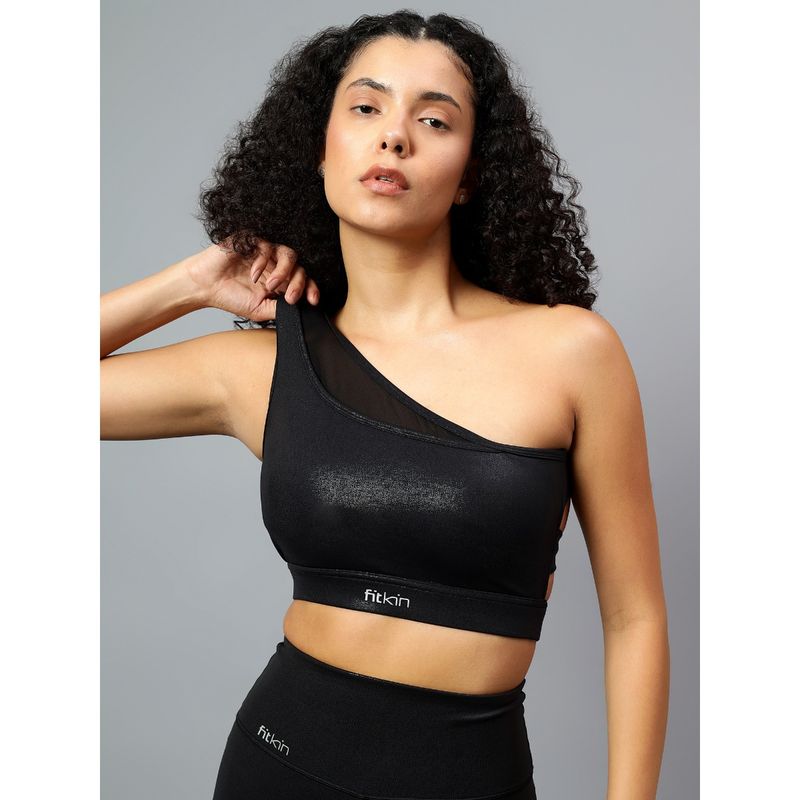 Fitkin Womens Black Shine On One Shoulder Sports Bra (XL)