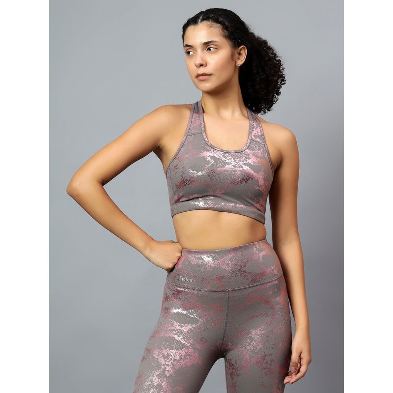 Fitkin Womens Animal Print Racer Pink Sports Bra (XL)