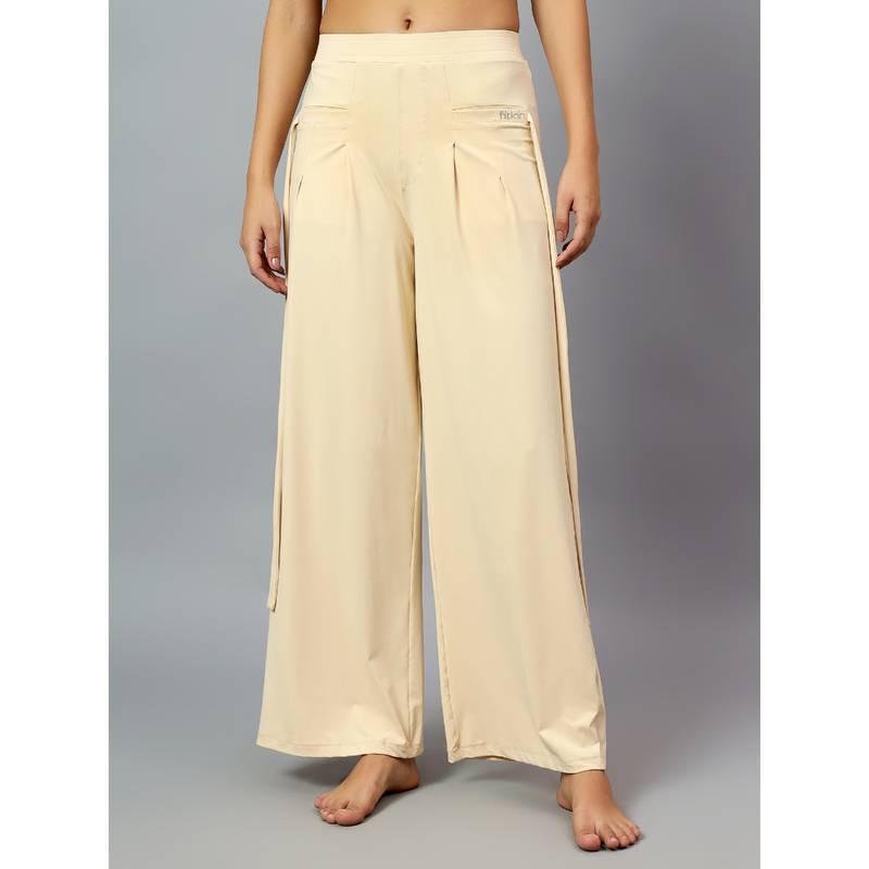 Fitkin Womens Cream Relaxed Fit Pleated Bootcut Trackpant (L)