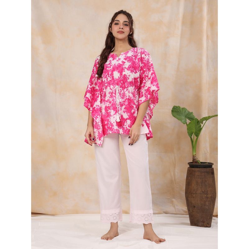 SAY Women Pure Woven Cotton Pink Kaftan Top with Pant (Set of 2) (S)