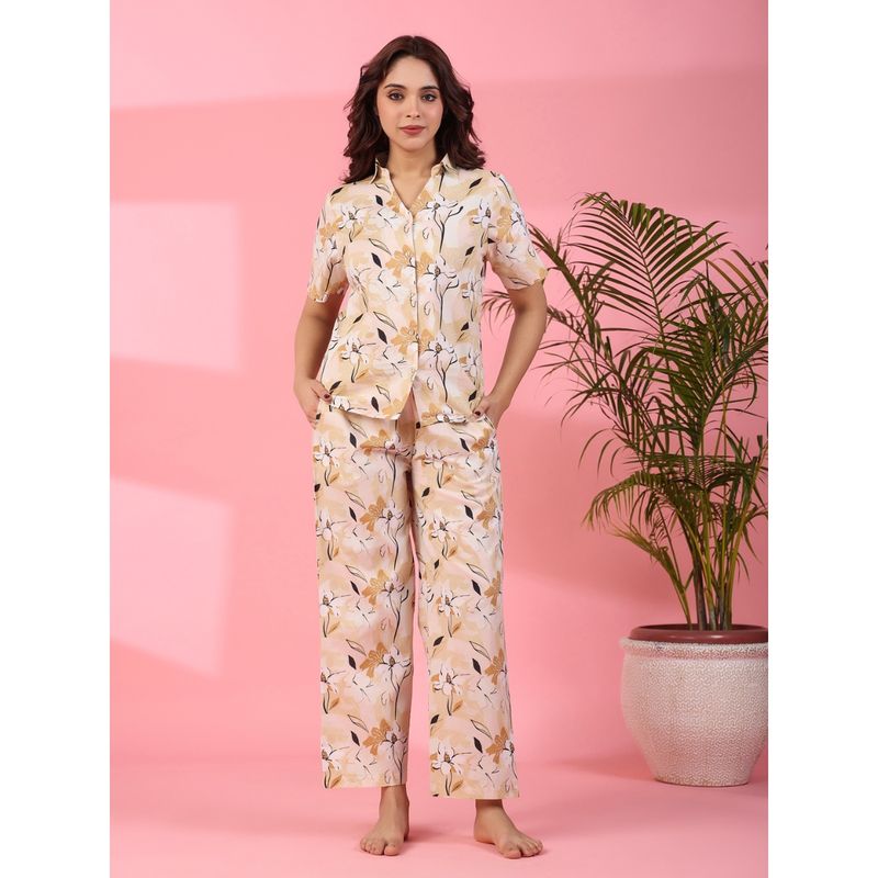 SANSKRUTIHOMES Women Pure Woven Cotton Beige Shirt with Pant (Set of 2) (S)