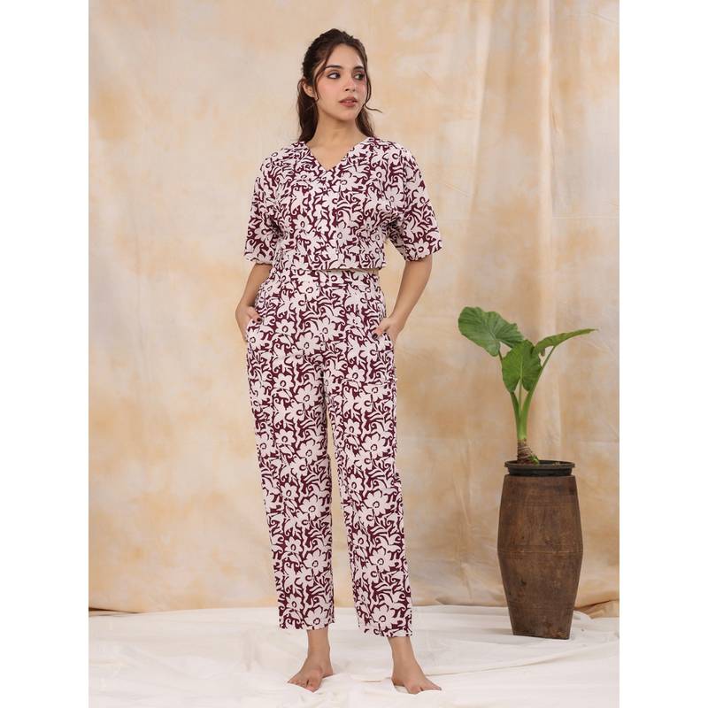 SANSKRUTIHOMES Women Pure Woven Cotton Burgundy Crop Top and Pant (Set of 2) (L)