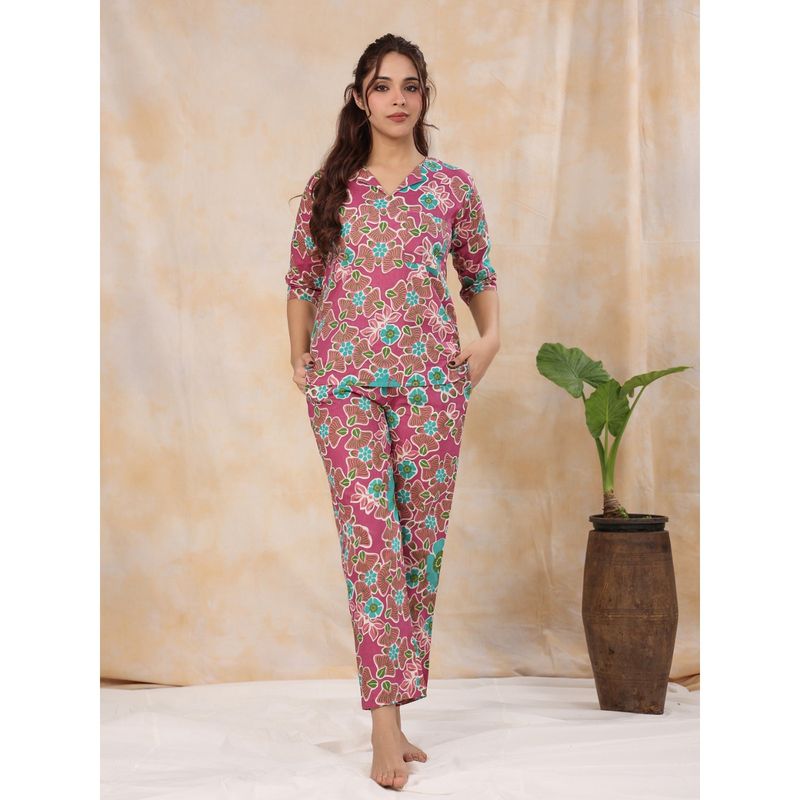 SAY Women Pure Woven Cotton Magenta Top with Pant (Set of 2) (S)