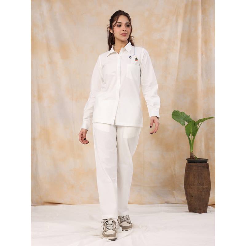 SANSKRUTIHOMES Women Pure Woven Cotton White Shirt with Pant (Set of 2) (S)