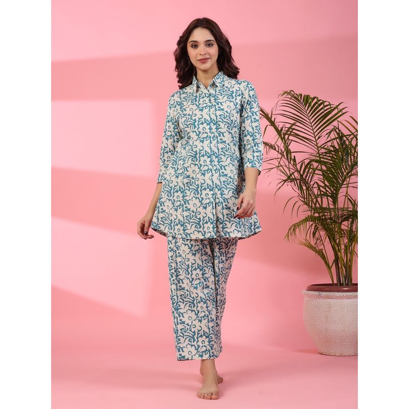 SAY Women Pure Woven Cotton Blue Shirt with Pant (Set of 2) (M)