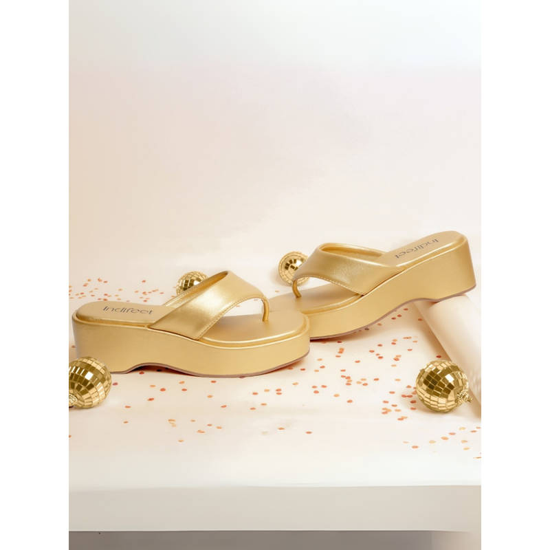Indifeet Golden Stylish Chunky Y2K Wedges (UK 3)