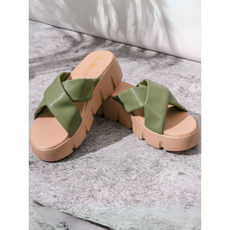 Indifeet Olive Green Comfortable Chunky Cross Strap Platform Sandals (UK 3)