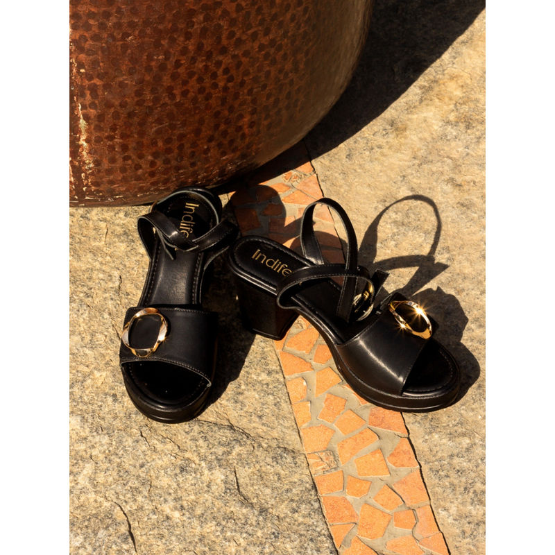 Indifeet Black Stylish Block Sandal Heels (UK 3)
