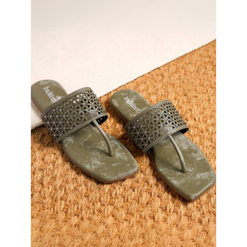 Indifeet Dark Green Ethnic Traditional Flats with Sequin Detailing (UK 3)