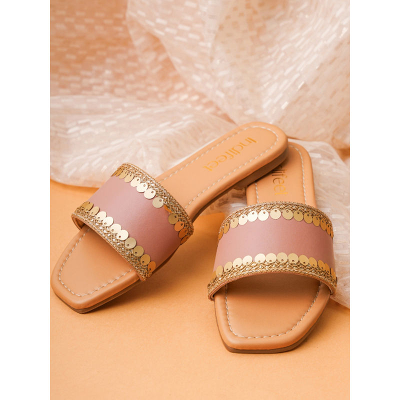 Indifeet Nude Pink Ethnic and Traditional Flats for Festivals with Golden Sequins (UK 6)