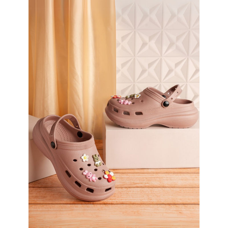 Indifeet Peach Stylish and Waterproof Rubber Platform Slip On Clogs with Charms (UK 6)
