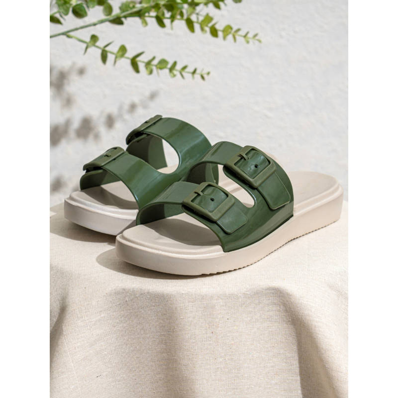 Indifeet Olive Green Comfortable and Latest Double Strap Rubber Sliders with Buckles (UK 3)