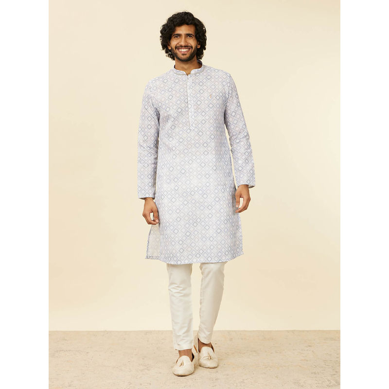 Manyavar Light Grey Blended Cotton Printed Kurta for Men (M)
