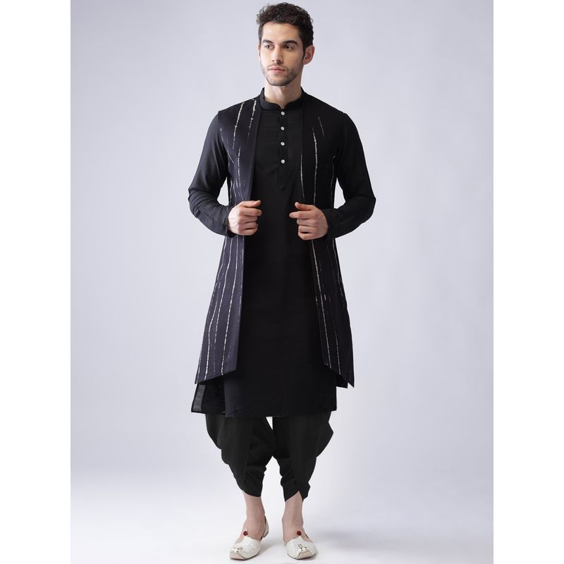 KISAH Men Black Printed Cotton Blend Kurta Jacket Dhoti Set with Tie & Dye Design (40)