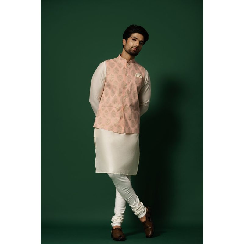 KISAH Men Peach Nehru Jacket Churidar Kurta (Set of 3) (40)