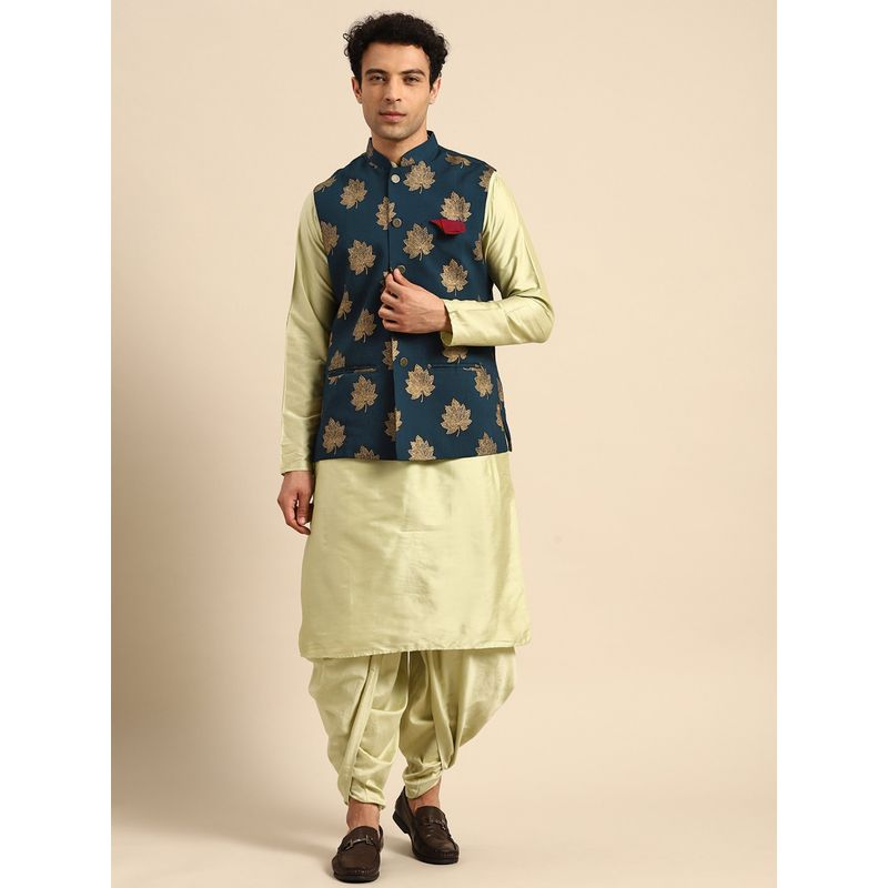 KISAH Men Teal Nehru Jacket Dhoti Kurta (Set of 3) (38)