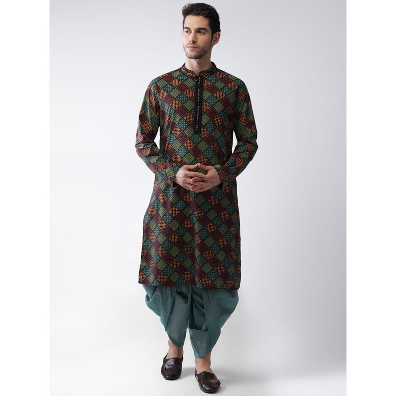 KISAH Men Multi Coloured Printed Cotton Blend Kurta Dhoti Set with Gundi Buttons (38)